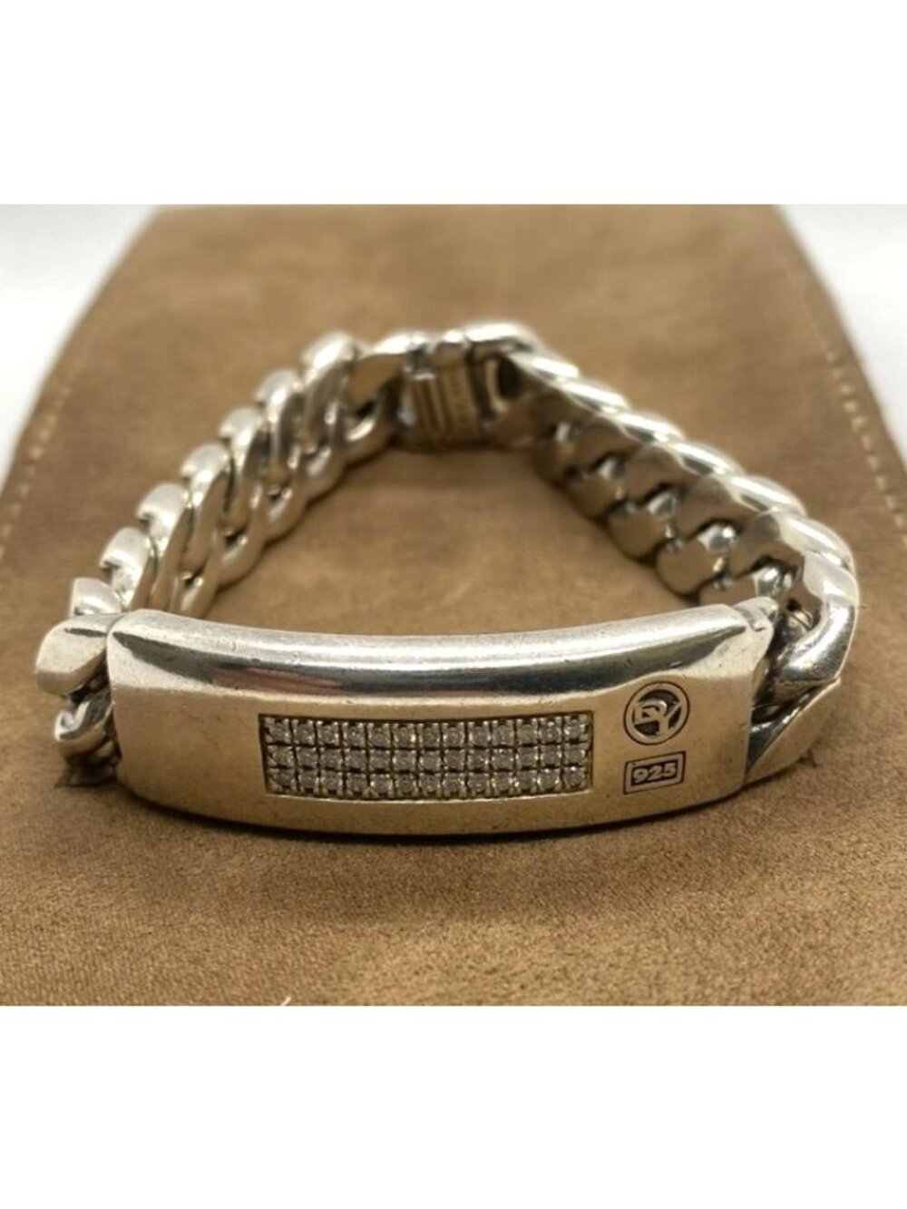 David Yurman Diamond Curb ID Plate Sterling Silver 925 Bracelet 8.25"